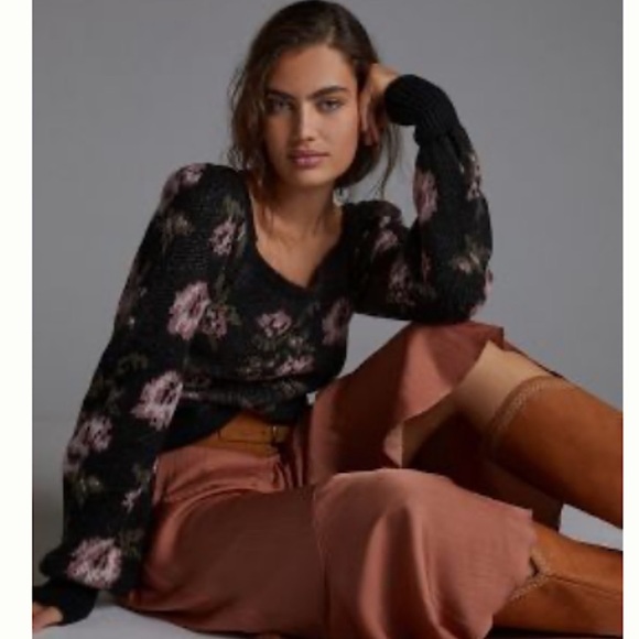 Anthropologie Square Neck Sweater in Black Floral NWT S - Picture 2 of 8